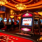 Experience the thrill of slot777 login at a luxurious casino with vibrant slot machines and exciting players.