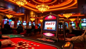 Experience the thrill of slot777 login at a luxurious casino with vibrant slot machines and exciting players.