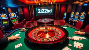 Experience the thrill of gaming with 222bd at an elegant casino table filled with roulette and poker.