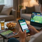 Nyalabet user placing sports bets on smartphone during a cozy home evening, highlighting strategic betting experience.