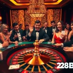 Experience the excitement of gaming at 28BET with a vibrant casino scene showcasing poker chips and roulette.