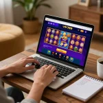 Engaging in online gambling at https://vn789.xyz/, a user analyzes gaming strategies on laptop.