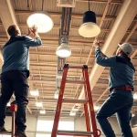Enhance lighting maintenance services with professionals adjusting overhead fixtures in a commercial space.