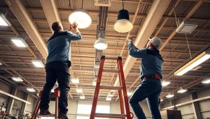 Enhance lighting maintenance services with professionals adjusting overhead fixtures in a commercial space.