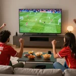Football fans watching a match on CakhiaTV in a vibrant living room during an exciting game.