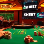 Experience the thrill of SHBET with players at a luxurious casino table, surrounded by poker chips and a roulette wheel.