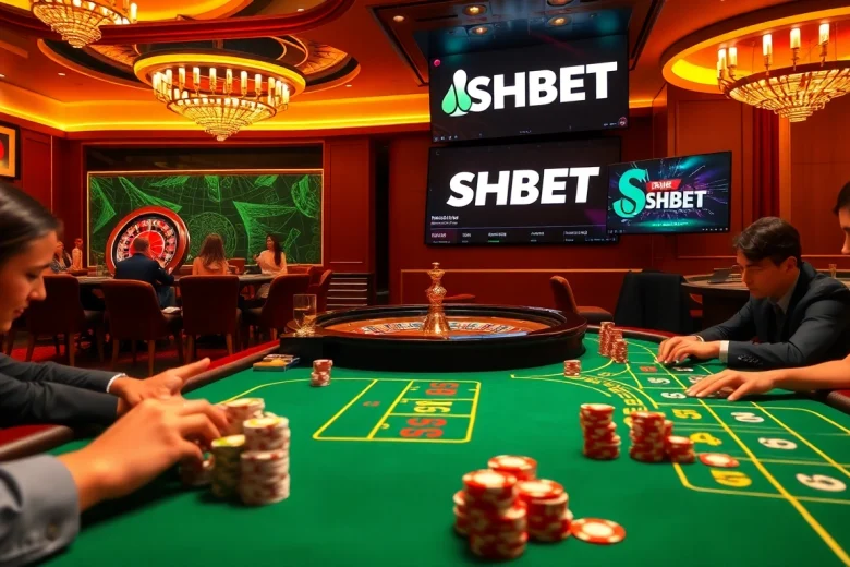 Experience the thrill of SHBET with players at a luxurious casino table, surrounded by poker chips and a roulette wheel.