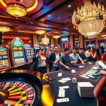 Exciting casino scene at trang chủ 789bet with players at roulette and slot machines.