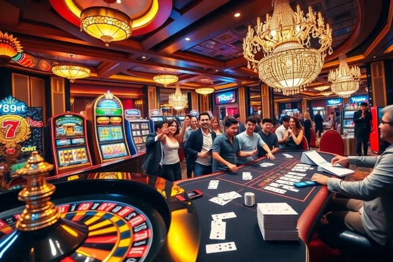 Exciting casino scene at trang chủ 789bet with players at roulette and slot machines.