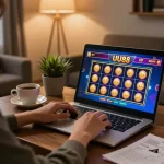 Engaging in UU88 VIP online gaming with vibrant slot interface on laptop, cozy home environment.