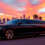 LA Limo parked in front of the stunning Los Angeles skyline at sunset, showcasing luxury and professionalism.