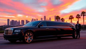 LA Limo parked in front of the stunning Los Angeles skyline at sunset, showcasing luxury and professionalism.