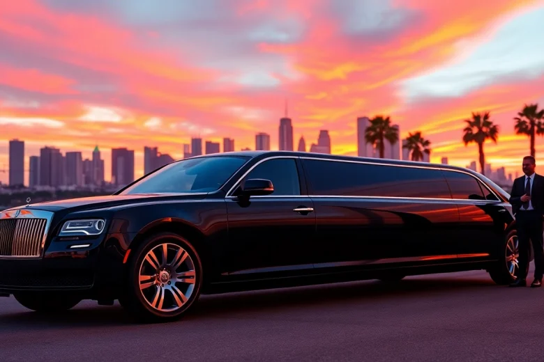 LA Limo parked in front of the stunning Los Angeles skyline at sunset, showcasing luxury and professionalism.