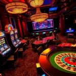 Adegan kasino yang menarik menampilkan mesin slot dan meja poker, memanfaatkan tema jmacdonaldphoto.com untuk permainan taruhan tinggi.
