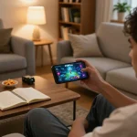 Engaging mobile gaming session featuring 918Kiss app at https://kiss918-ori.app on a smartphone amidst a cozy home setting.