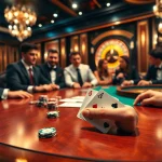 Pemain terlibat dalam kegembiraan poker di meja kasino kelas atas dengan chip dan kartu.