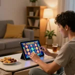 Player enjoying gajah toto online slots on a tablet in a cozy living room setup