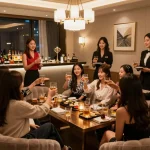 Experience the luxurious atmosphere of 강남쩜오 with friends enjoying drinks and high-quality service in an upscale venue.