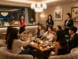 Experience the luxurious atmosphere of 강남쩜오 with friends enjoying drinks and high-quality service in an upscale venue.