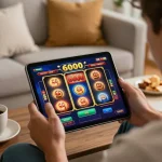 Engaged player enjoying slot6000 on tablet, showcasing vibrant slot interface and cozy gaming atmosphere.