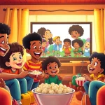 Diverse children enjoying African American cartoons in a cozy living room, radiating joy and nostalgia.