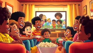 Diverse children enjoying African American cartoons in a cozy living room, radiating joy and nostalgia.