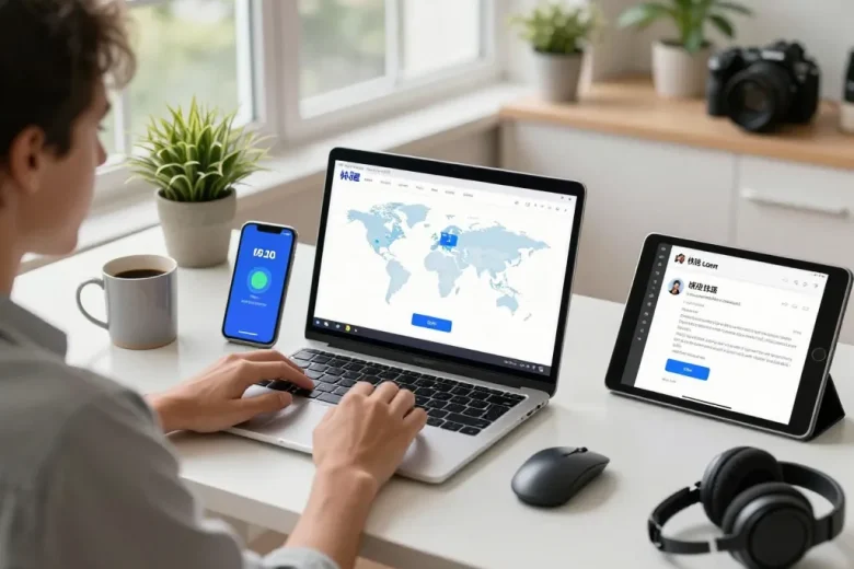 工作区，笔记本电脑和智能手机上展示快连应用，展示快速的互联网连接和用户友好的设计。