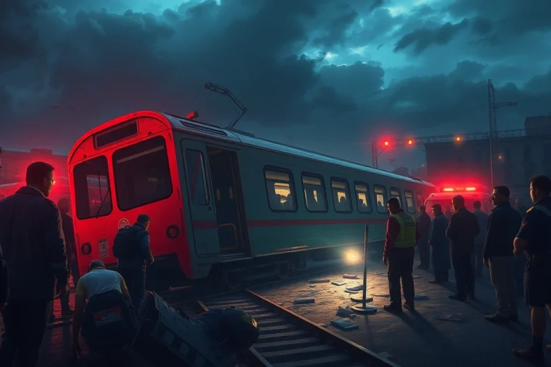 Responders and debris at the spain train crash site, highlighting the urgency and chaos of the scene.