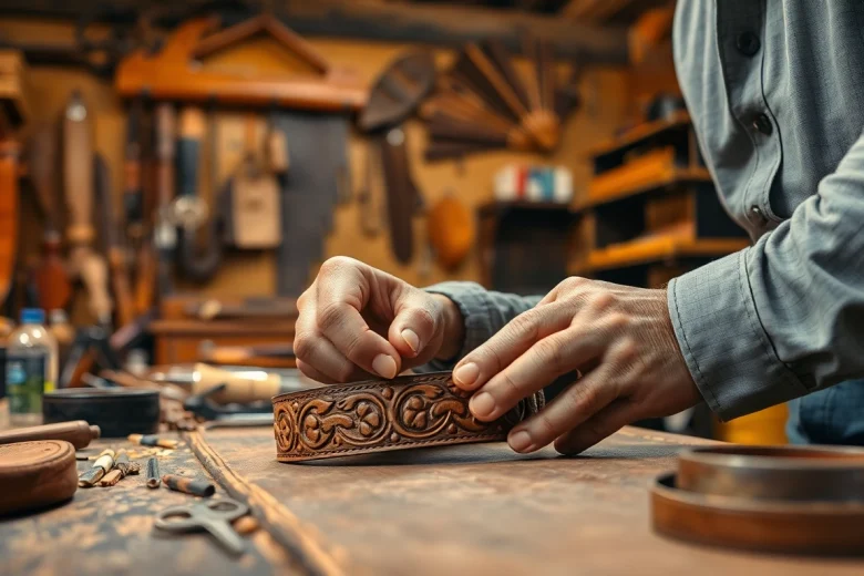Creating an intricate tooled leather belt showcasing fine craftsmanship.