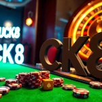 LUCK8 offers a thrilling casino experience with poker tables, chips, and roulette wheels in an exciting ambiance.