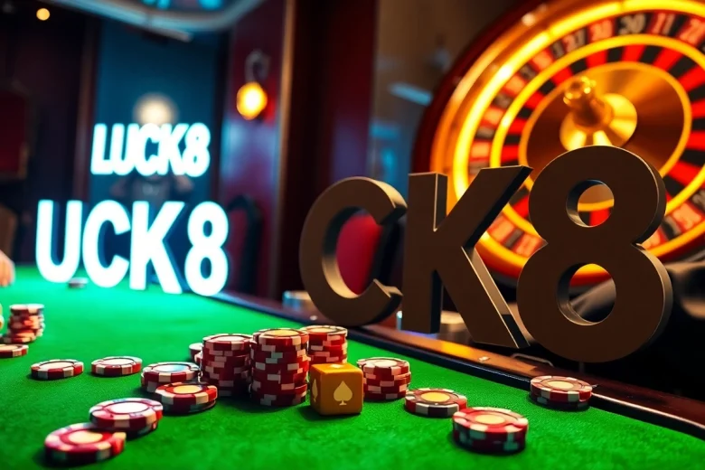 LUCK8 offers a thrilling casino experience with poker tables, chips, and roulette wheels in an exciting ambiance.
