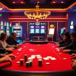 Players competing at a vibrant poker table in 8K8’s luxurious casino environment.