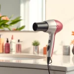 Frizzy hair dryer showcasing design features and products in a chic bathroom setting.