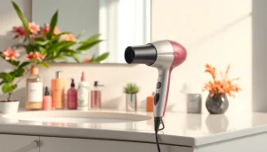 Frizzy hair dryer showcasing design features and products in a chic bathroom setting.