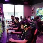 Engaged gamers competing in ligasedayu community gaming lounge.