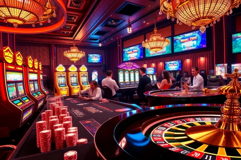 Action-packed casino scene with players enjoying TV88 gaming tables and vibrant slot machines.