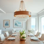 Admire the stunning island chandelier illuminating a coastal dining room, enhancing elegance and warmth.