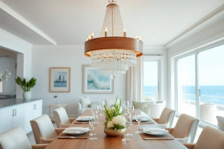 Admire the stunning island chandelier illuminating a coastal dining room, enhancing elegance and warmth.
