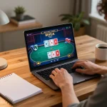 Player engaging with thabet online poker game at home, vibrant and inviting atmosphere with gaming elements
