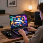 Engaging in MESINGG login on a laptop, showcasing online slot gameplay in a modern home environment