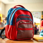 Handtasche für Schulen in einem bunten Klassenzimmer, um Schulmaterialien zu organisieren.
