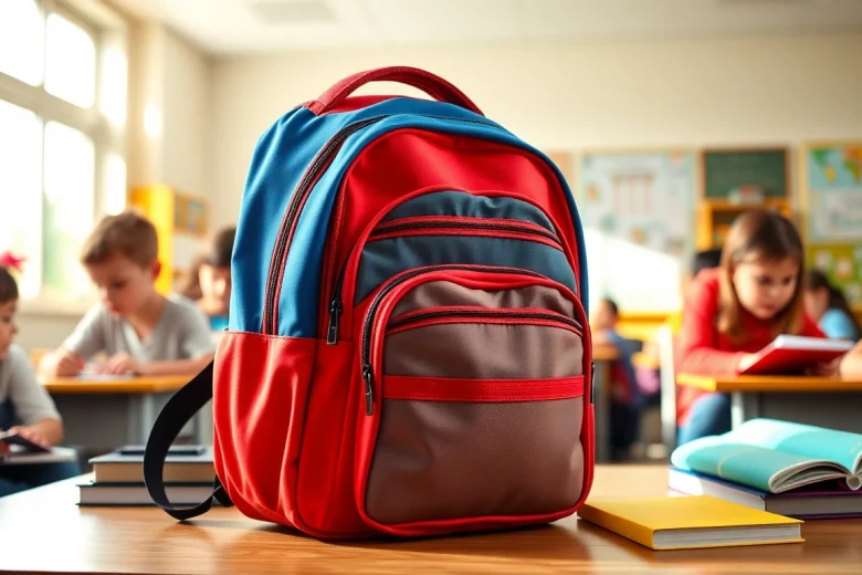 Handtasche für Schulen in einem bunten Klassenzimmer, um Schulmaterialien zu organisieren.
