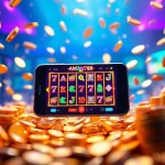 Vibrant slot gaming experience with AMAN788 on a smartphone amidst cascading coins.