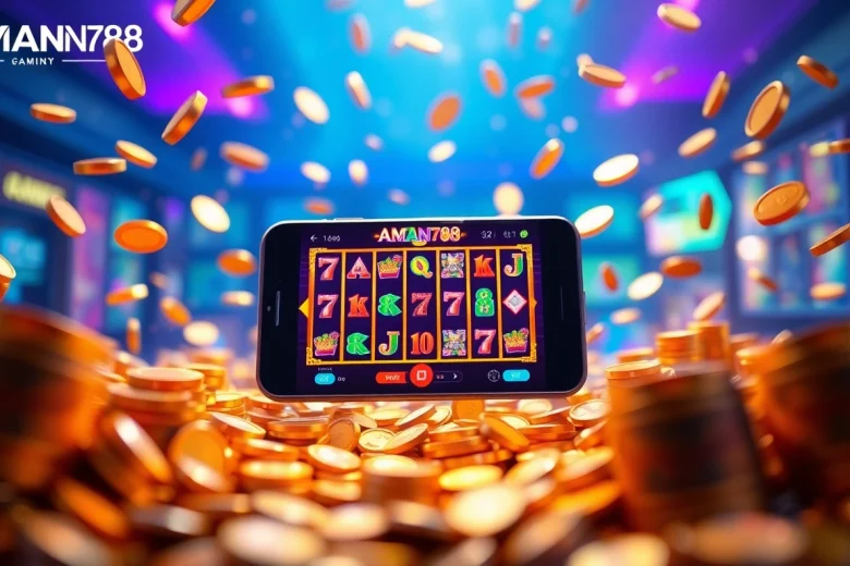 Vibrant slot gaming experience with AMAN788 on a smartphone amidst cascading coins.