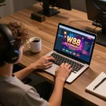 Player engaging in online casino gaming on a laptop with W88 interface, comfortable setup.