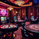 Scène captivante de casino en ligne avec des jetons de poker, des machines à sous modernes et une roulette.