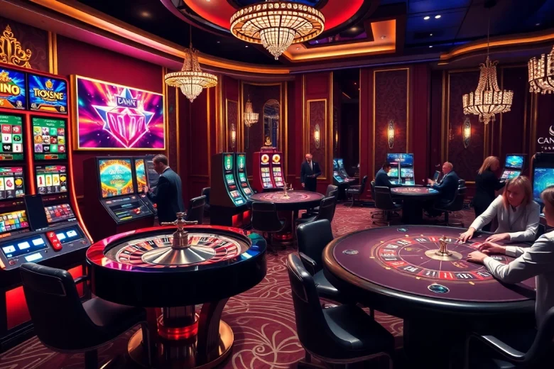 Scène captivante de casino en ligne avec des jetons de poker, des machines à sous modernes et une roulette.