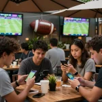 Excited patrons placing bets using Cakhia TV app in a lively outdoor sports café setting