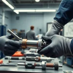 Technician performing hydraulic cylinder repair in a bright workshop, focusing on precision and detail.