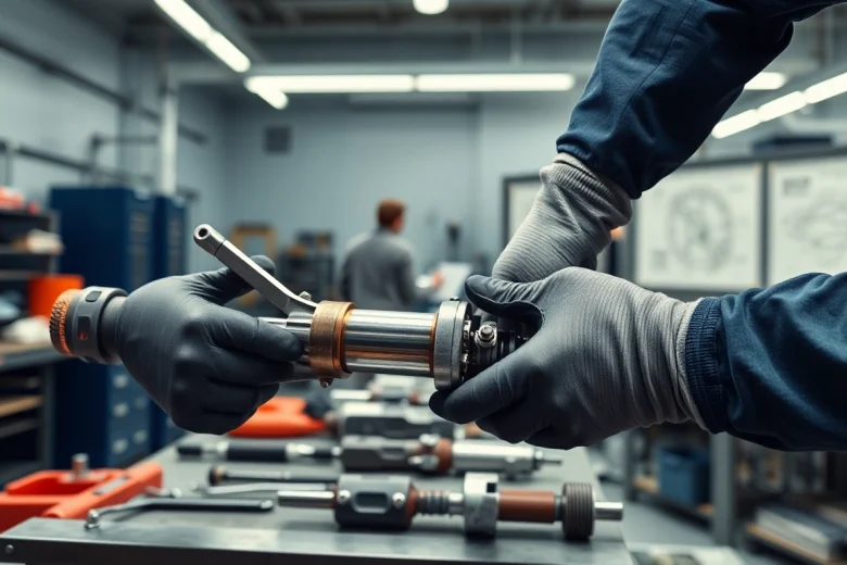 Technician performing hydraulic cylinder repair in a bright workshop, focusing on precision and detail.